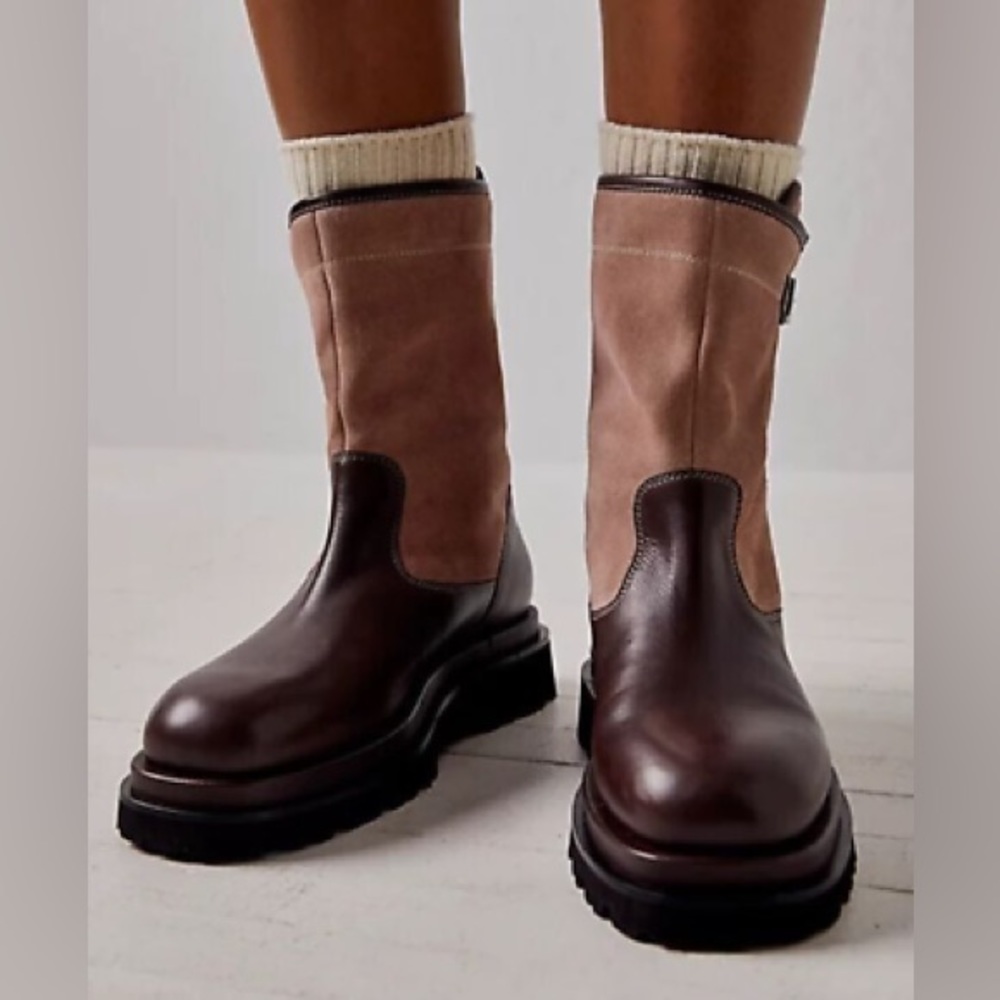 Free People Suede Leather Buckle Lug Double Up Moto Boots Chocolate Size 8 EU38